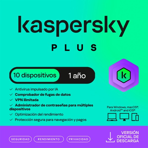 ANTIVIRUS KASPERSKY PLUS, PARA 10 PCS, LIC 1 AÑO,PRODUCTO VIRTUAL.
