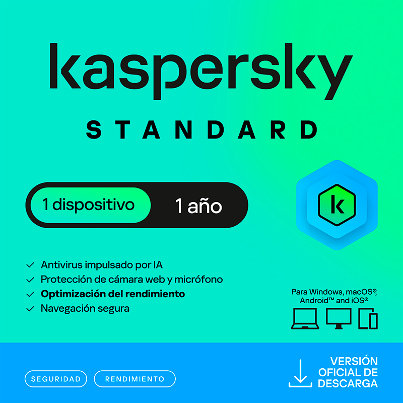 ANTIVIRUS KASPERSKY STANDARD, PARA 1 PC, LIC 1 AÑO, PRODUCTO VIRTUAL.
