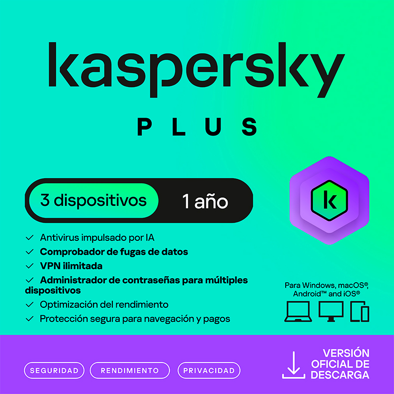 ANTIVIRUS KASPERSKY PLUS, PARA 3 PCS, LIC 1 AÑO, PRODUCTO VIRTUAL.